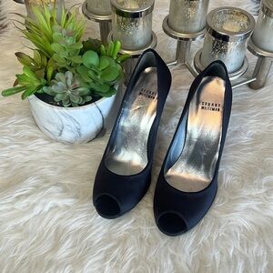 Stuart Weitzman Black Polly Pump Satin Peep Toe Pumps Stiletto Heels Size 8